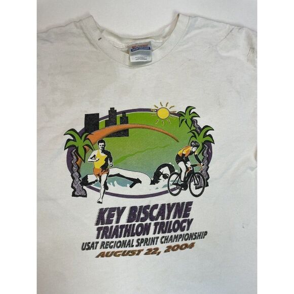 VINTAGE Key Biscayne Triathlon Trilogy 2004 Graphic T-shirt Men Medium White - Picture 2 of 10